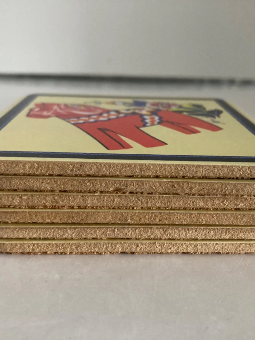 Scandinavian Dala Horse Coasters Set of 6 Cork Back Signed Mia L Swedish EUC